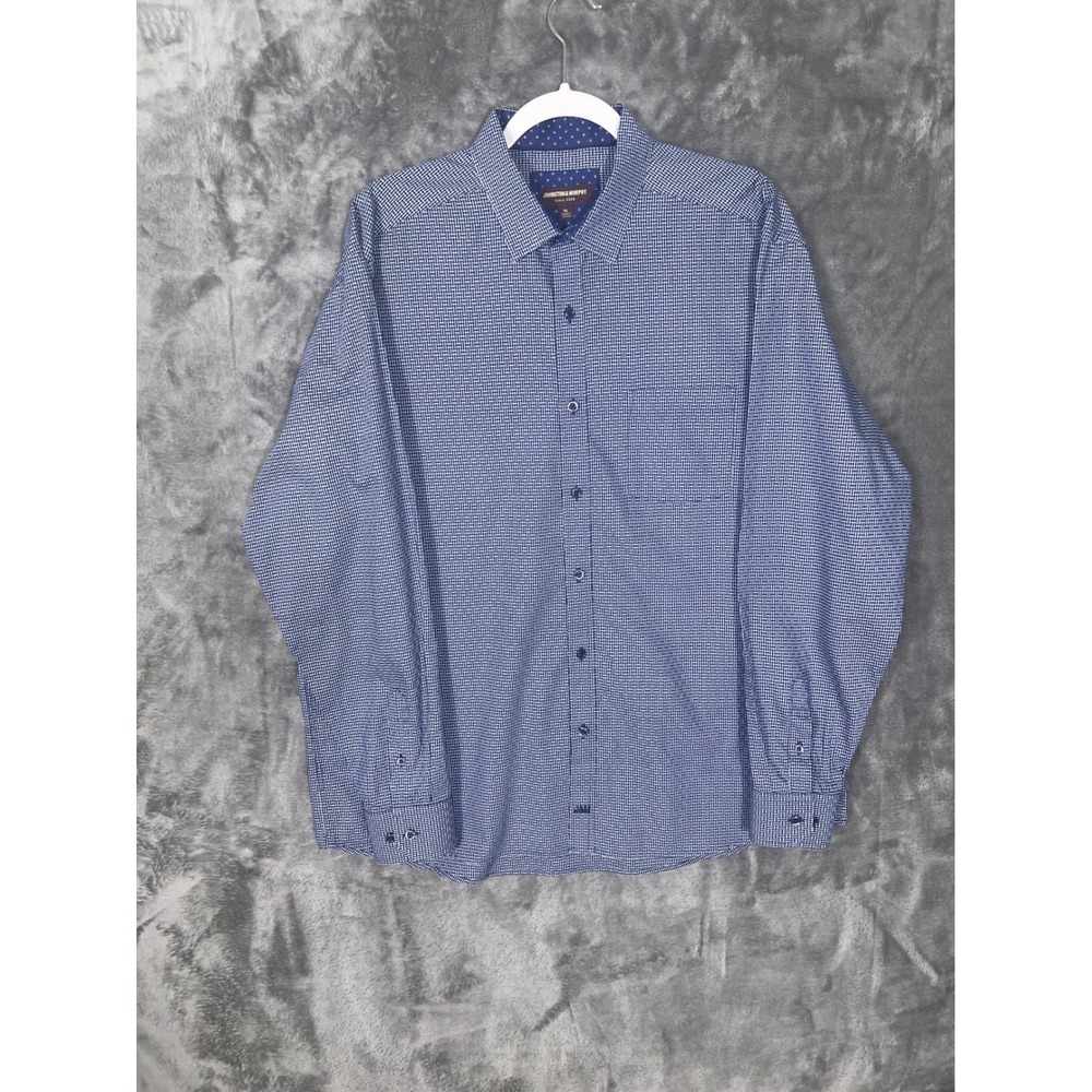 Johnston & Murphy Mens XL Blue White Geometric Button Down Shirt Long Sleeve